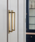 Beefy Antique Brass Cabinet Pulls With Plaquette Backplates, 7 9 16 Inch Vintage Industrial Zinc Handles on White Cabinet