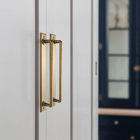 Beefy Antique Brass Cabinet Pulls With Plaquette Backplates, 7 9 16 Inch Vintage Industrial Zinc Handles on White Cabinet