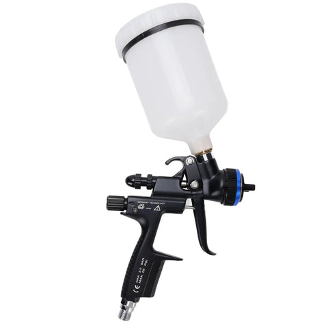 Solid HVLP Air Paint Sprayer With 1.3MM Tip for Furniture Makeovers, featuring a 600ml cup and black aluminum body.