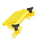 Hardcore Table Saw Featherboard Locks Tight On Standard Thirty Four X Three Eight Inch Miter Slots To Shut Down Kickback And Keep Rip Cuts Straight Shooter, yellow featherboard with knobs.