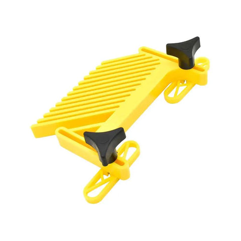 Hardcore Table Saw Featherboard Locks Tight On Standard Thirty Four X Three Eight Inch Miter Slots To Shut Down Kickback And Keep Rip Cuts Straight Shooter, yellow featherboard with knobs.