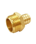 Solid Brass Garden Hose Connector Set Two Pack Three Quarters Inch GHT Male To PEX Barb Fittings close-up side view.