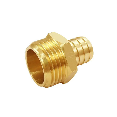 Solid Brass Garden Hose Connector Set Two Pack Three Quarters Inch GHT Male To PEX Barb Fittings close-up side view.