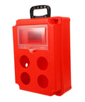 Portable Weatherproof Outdoor Electrical Junction Box With Impact Resistant Plastic Enclosure shown in red, front view.