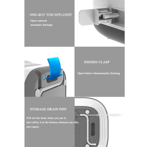 Portable Foldable Washing Machine Mini Washer Game Changer showing automatic drainage features and storage drain pipe.