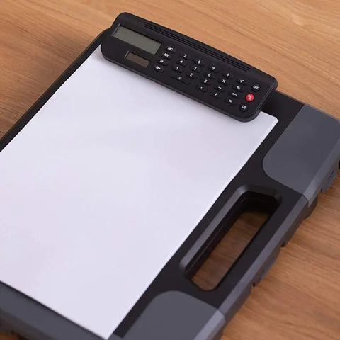 Everyday Carry Clipboard Organizer With Built In Calculator Water Resistant Document Case And Portable Writing Pad Holder For School And Office The 300 Sheet Capacity Organizer For Meetings, black clipboard with calculator on paper
