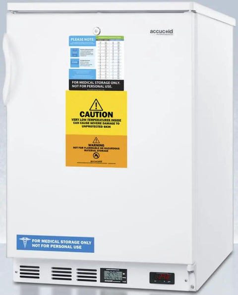 Built Tough Commercial Upright Freezer With Digital Thermostat And Integrated Lock For Tight Secure Storage Solid White Finish with caution labels.