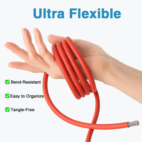 6 Gauge Silicone Wire Dual Color Pack 25 Ft Red And 25 Ft Black Ultra Flexible 3200 Strand wrapped around hand