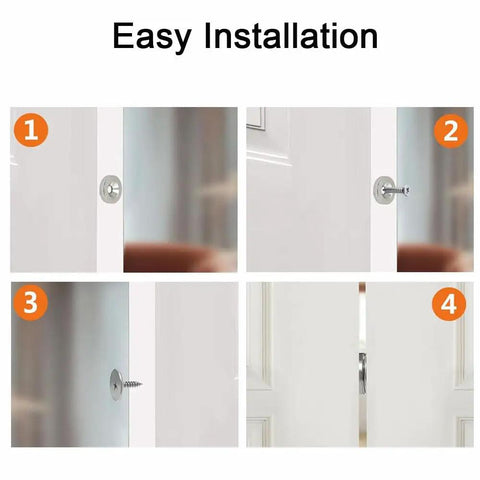 Four Pack Magnetic Door Catch Kit installation steps on a cabinet door, showing slim metal closures and powerful magnets, silver finish.
