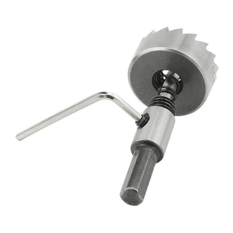 Straight Up Badass High Speed Steel Hole Saw Set 5 Piece Drill Bit Kit showing a drill bit with hex shank and wrench for metal and wood cutting.