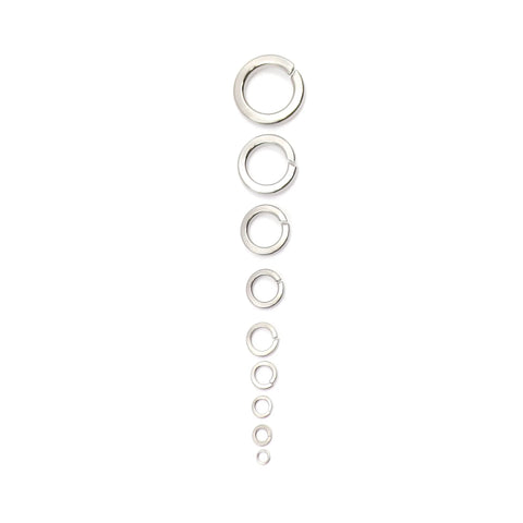Assorted 304 stainless steel spring lock washers (M2–M12), 9 shown
