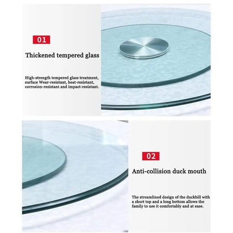 Close-up of bombproof tempered glass lazy Susan's thickened serving plate detail, showing smooth rotating carousel.
