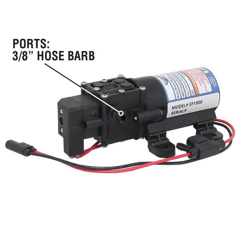 12V On Demand Diaphragm Sprayer Pump, 1.0 GPM At 40 PSI Max, Self Priming Up To Four Feet, Three Eighths Inch Hose Barb