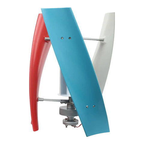 100W 12V Vertical Axis Wind Turbine Generator with Auto Brake and Magnetic Levitation for home use, featuring blue and red blades