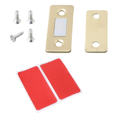 Invisible Magnetic Cabinet Catch Ultra Slim Metal Door Latch With Strong Hold, gold finish, screws and adhesive strips