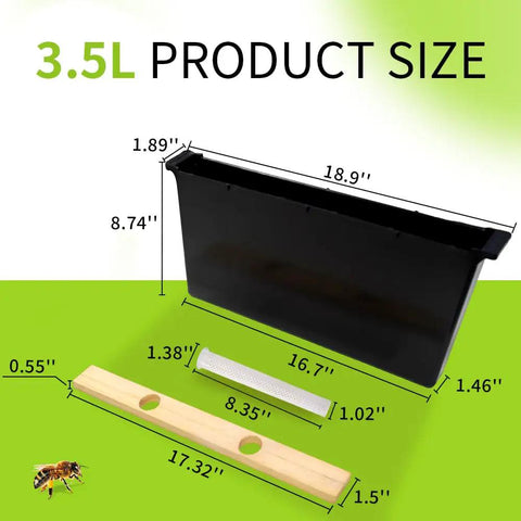 Two Pack 3.5L Bee Feeders For Deep Beehive Frames, size diagram showing dimensions and components, beekeeping tool