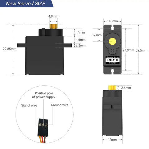 Diagram of 9G Metal Gear Micro Servo Motor For Robot DIY Projects Anti Blocking LFD 01M 5 Pack High Torque Tiny Servo with dimensions