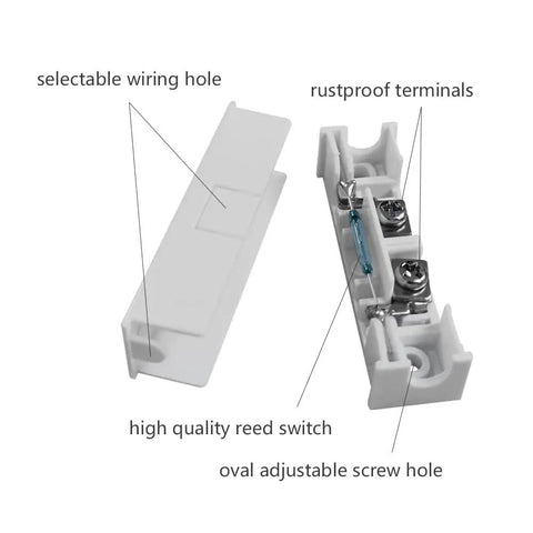 5 Pack NC Magnetic Door Sensor Contacts For Home Alarm System Surface Mount With Screw Terminals, showing wiring and reed switch details.