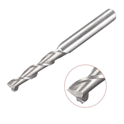 uxcell 5mm HSS-AL spiral drill bit with 6mm straight shank, 2 flutes - side view with tip close-up