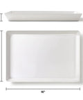 Top view and side profile of Four Pack Large White Serving Trays Set 16 By 11 Inch Food Grade BPA Free Plastic Platter with dimensions
