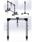 Real Deal Portable Gantry Crane With Electric Winch And Chain Ratchet, featuring adjustable aluminum frame and casters.