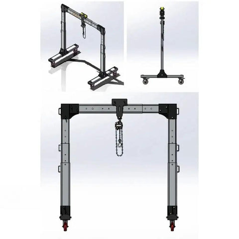 Real Deal Portable Gantry Crane With Electric Winch And Chain Ratchet, featuring adjustable aluminum frame and casters.