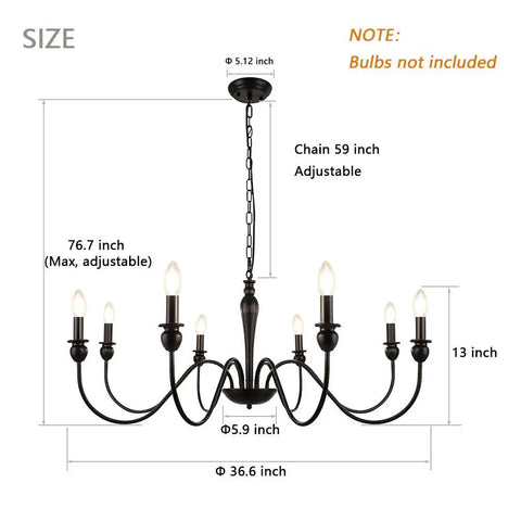 Dope Industrial Black Farmhouse Chandelier For Dining Room With 8 Lights, Rustic Iron Candelabra Ceiling Fixture, 36 Inch Diameter, size details
