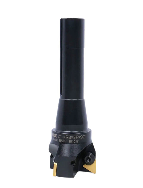 2 Inch Carbide Indexable End Mill With R8 Shank And 3 TPG 322 Inserts For Versatile Metal Milling, Positive Rake 90 Degree Right Hand Cut, 7/16-20 Bridgeport Thread, Ready To Plug And Play In CNC Or Manual Milling Machines