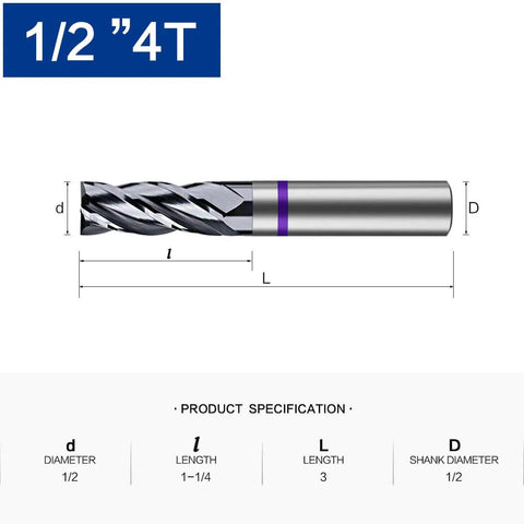 Carbide square-end mill, 1/2in shank, 4-flute router bit, 1-1/4in flute length, 3in overall length