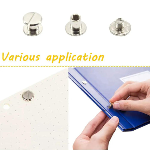 Knockout Silver Chicago Binding Screws M5 X 6Mm Nickel Plated Flat Head Rivet Set shown with various applications on paper and folders.