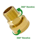 Close-up of Three Pack Brass Garden Hose Swivel Adapters Three Quarter Inch GHT Female To One Half Inch NPT Male showing 360° revolve