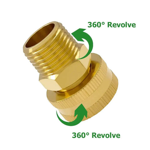 Close-up of Three Pack Brass Garden Hose Swivel Adapters Three Quarter Inch GHT Female To One Half Inch NPT Male showing 360° revolve