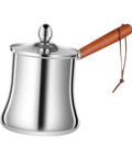 Stainless Steel Turkish Coffee Pot And Melt Pan For Butter Sauces And Frothing Milk 720ml, kettle style with wooden handle.