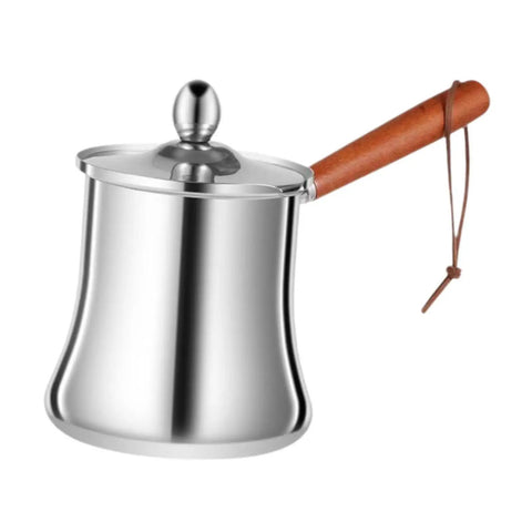 Stainless Steel Turkish Coffee Pot And Melt Pan For Butter Sauces And Frothing Milk 720ml, kettle style with wooden handle.