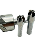 Close-up of set of 3 HSS 120° chamfer milling cutters with straight shanks