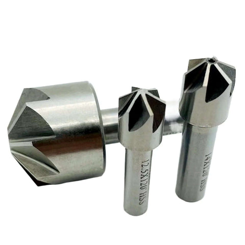 Close-up of set of 3 HSS 120° chamfer milling cutters with straight shanks