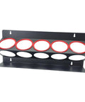 Heavy Duty Iron Wall Mount Spray Bottle Rack For Garage And Shed Storage holds six bottles on a sturdy black steel frame.
