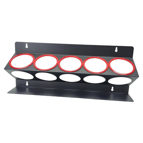 Heavy Duty Iron Wall Mount Spray Bottle Rack For Garage And Shed Storage holds six bottles on a sturdy black steel frame.
