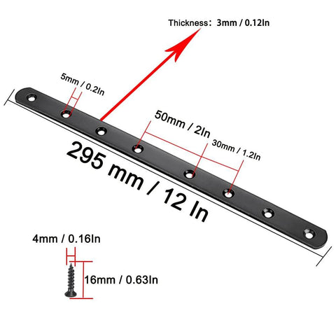 Stainless Steel Flat Mending Plates Set Of 4 For Wood And Metal Repair, 12 Inch Length, 0.8 Inch Wide, with measurement details