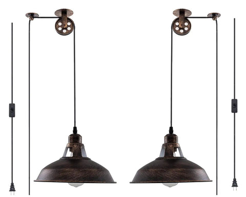 Industrial Pulley Pendant Light With Plug In E26 Socket Vintage Hanging Lamp 16.4 Ft Cord On Off Switch Aged Bronze Two Pack
