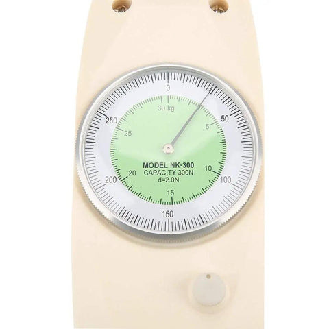 300N Analog Dynamometer Handheld Push Pull Force Gauge for Electronics and Hardware Testing with Pro Grade Dial Meter and Easy Benchtop Use Great for lab work and field testing Auto shop projects and rugged construction, front dial close-up