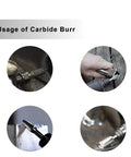 Heavy Duty One Quarter Inch Shank Carbide Burr Set Double Cut Tungsten Rotary Bits for Die Grinder Metal Grinding Woodworking Carving Pro Grade 10 Pcs Ideal For Mold Making Deburring Porting shown in use on different materials