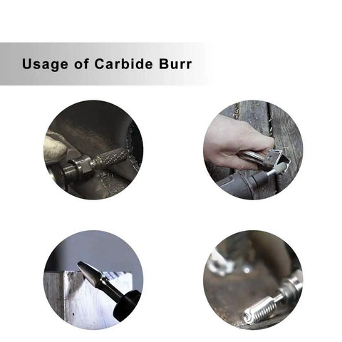 Heavy Duty One Quarter Inch Shank Carbide Burr Set Double Cut Tungsten Rotary Bits for Die Grinder Metal Grinding Woodworking Carving Pro Grade 10 Pcs Ideal For Mold Making Deburring Porting shown in use on different materials
