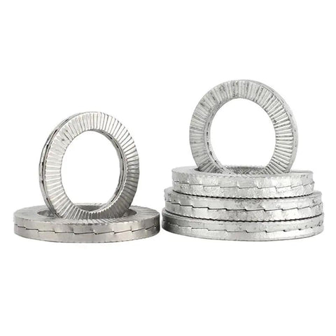 Rock Solid Wedge Lock Washers M20 Size 304 Stainless Steel Self Securing Anti Loosening Hardware Heavy Duty Zero Wiggle Bolt Security Kit 5 Piece Pack stacked and displayed.