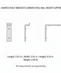 Diagram of heavy duty L shaped shelf brackets carbon steel wall mount supports for deep shelves dimensions view