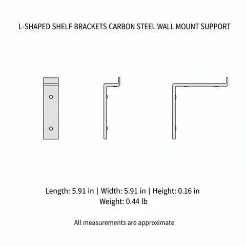 Diagram of heavy duty L shaped shelf brackets carbon steel wall mount supports for deep shelves dimensions view