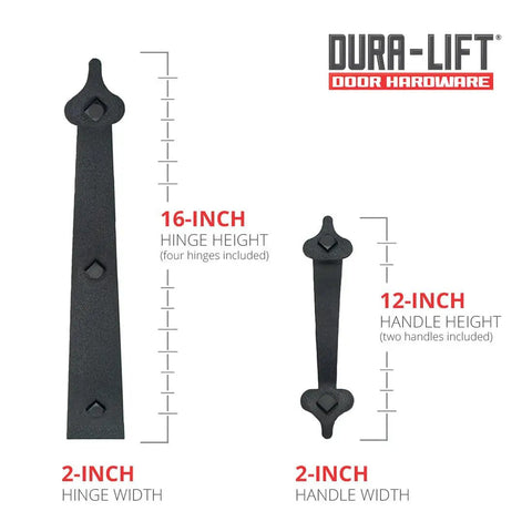 Magnetic Carriage Style Garage Door Accent Trim Hardware Kit With Four 16 Inch Hinges And Two 12 Inch Handles size chart.