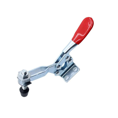Close-up of a Two Pack 225D Horizontal Toggle Clamp Set, Heavy Duty Hold Down Clamps For Woodworking And Carving Fixtures, Sturdy Steel
