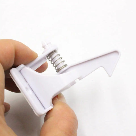 Close-up of 16 Pack Childproof Cabinet and Freezer Lock in white ABS material, easy to install, tool-free baby proof latch.