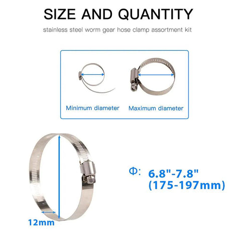 10Pcs 7 Inch Stainless Steel Hose Clamps Set With Worm Gear Adjustable 6.8-7.8 Inches Range size chart